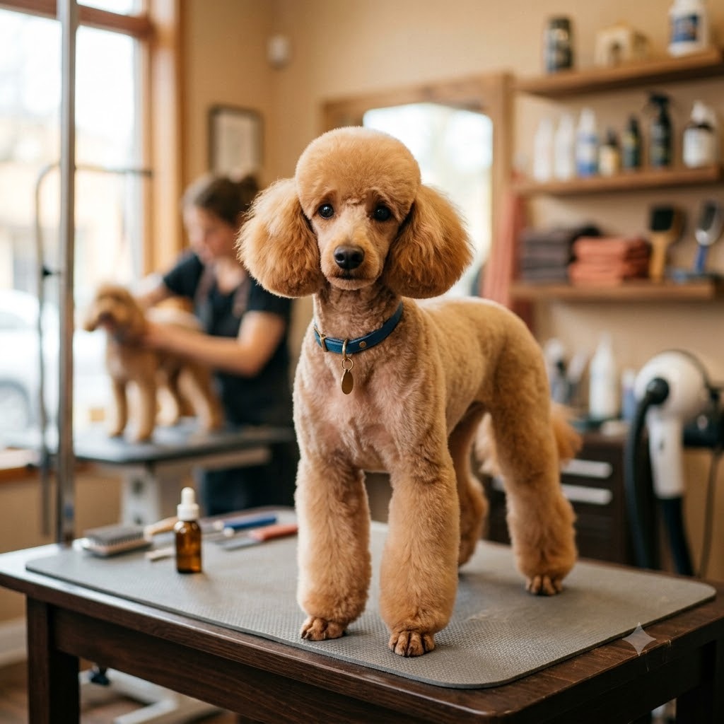 A dog groomed in a lamb cut