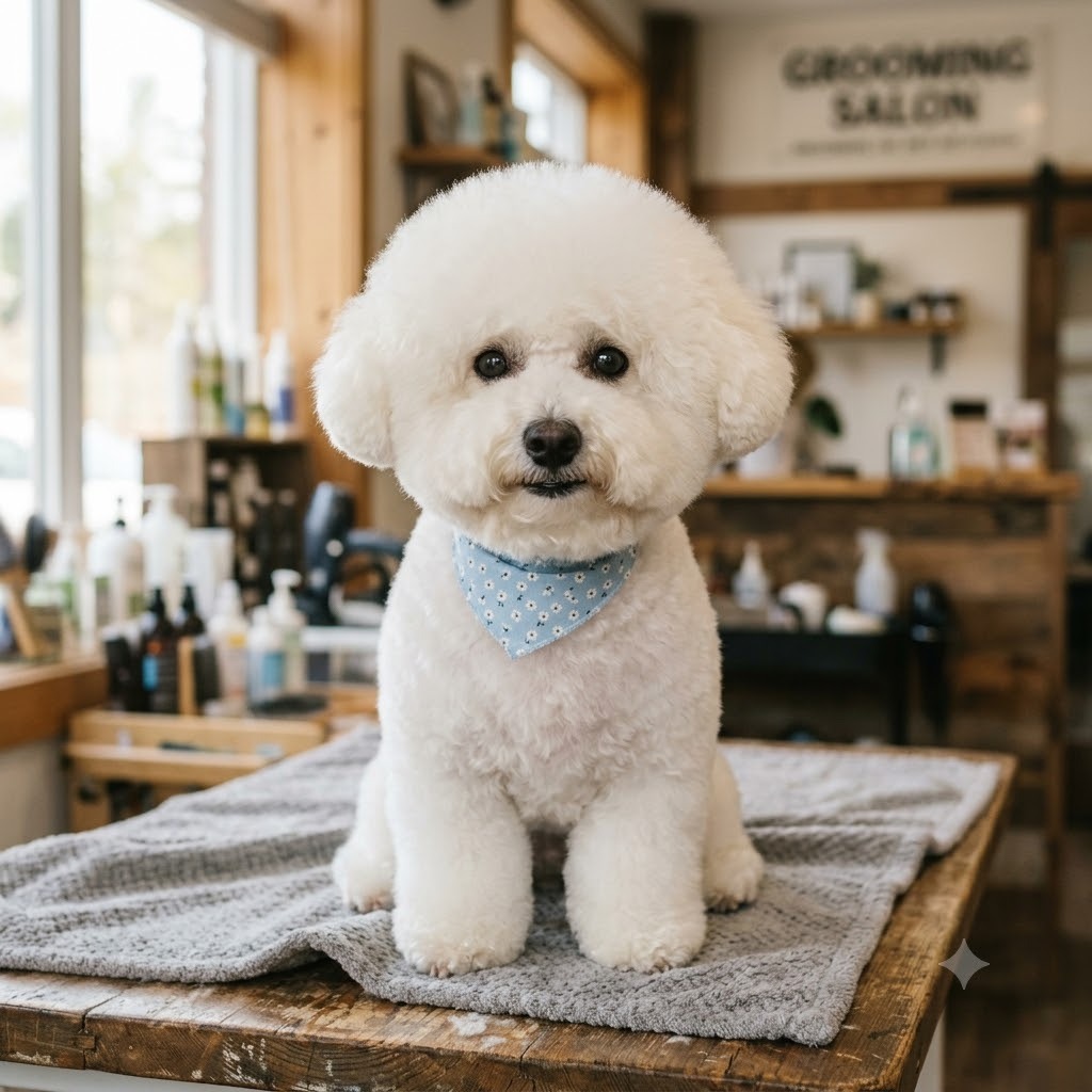 A dog groomed in a teddy bear cut