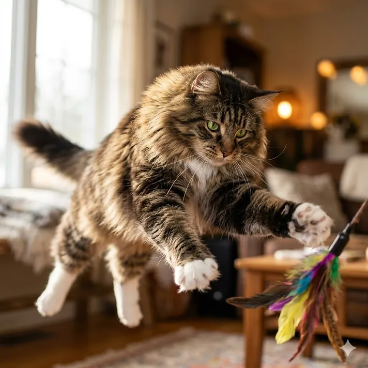 Maine coon mid-pounce