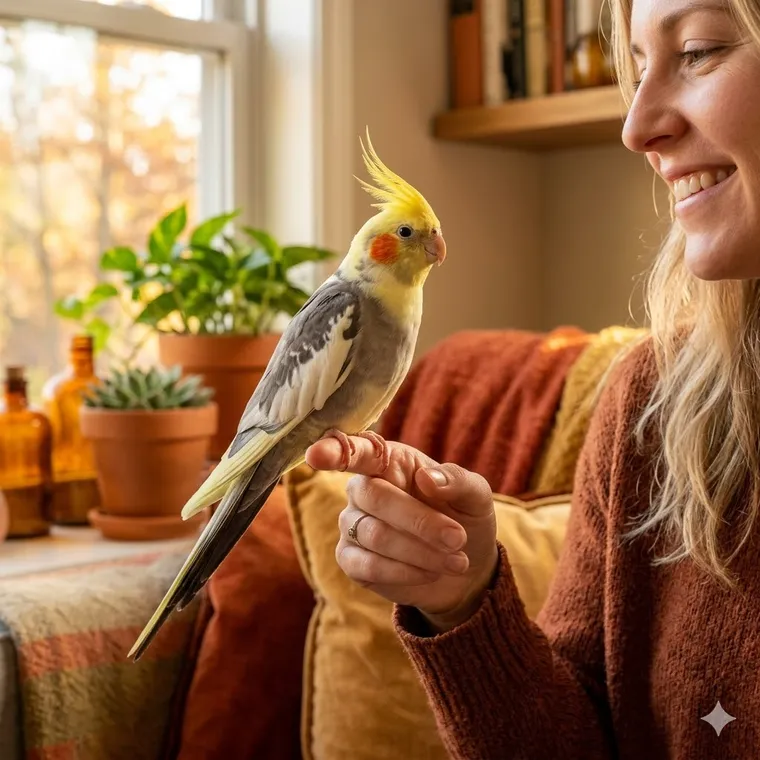 Cockatiel perched on owner's hand in a warm living room