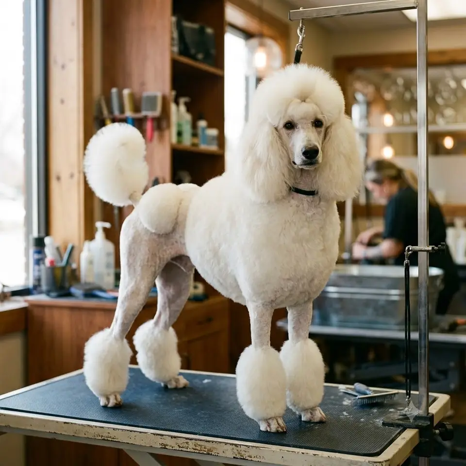 A dog groomed in a continental clip