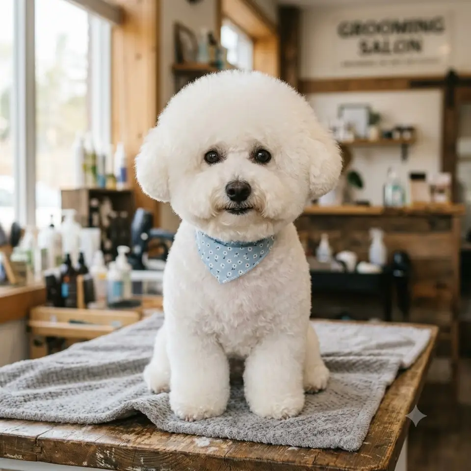 A dog groomed in a teddy bear cut